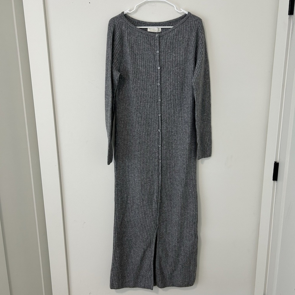 Abercrombie & Fitch Sweater Dress Womens Large Midi Ribbed Knit Merino Wool Gray